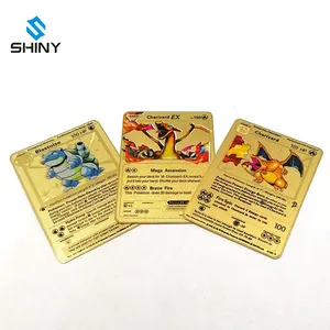 oro equipo tarjetas de pokemon Suppliers-Charizard-Juego de cartas coleccionables de Pokemon, tarjeta de regalo de Metal dorado, TCG 100, GX EX Digimon