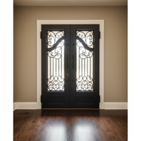Porte d'entrée double battante en fer forgé avec arche moderne et verre trempé pour villa et maison
