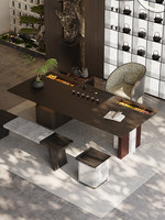 Table de réception modulaire oblongue en MDF de style chinois moderne avec chaises, idéale pour bureau, conférence haut de gamme, 6 places