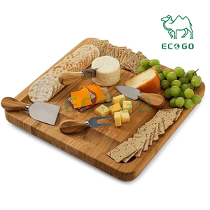 Plateau de service alimentaire carré en bambou pour la maison, la cuisine, les fêtes, les cadeaux, mini planche à fromage avec ensemble de couteaux - Product Image 1