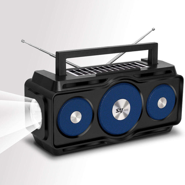 Factory Sale Mini Solar Rechargeable Flashlight with Wireless Bluetooth Speaker Bass FM Radio Outdoor Speaker