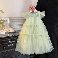 Robe de fête d'été pour petites filles avec nœud en maille et volants, robe en tulle superposée pour petites filles