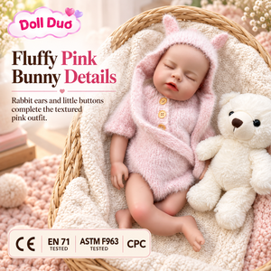 ตุ๊กตาซิลิโคน DollDuo ขนาด 18 นิ้ว ตุ๊กตาเด็กแรกเกิดหลับ ชุดกระต่ายสีชมพูขนฟู ของขวัญวันขอบคุณพระเจ้าเหมือนจริงสำหรับเด็ก - Product Image 2