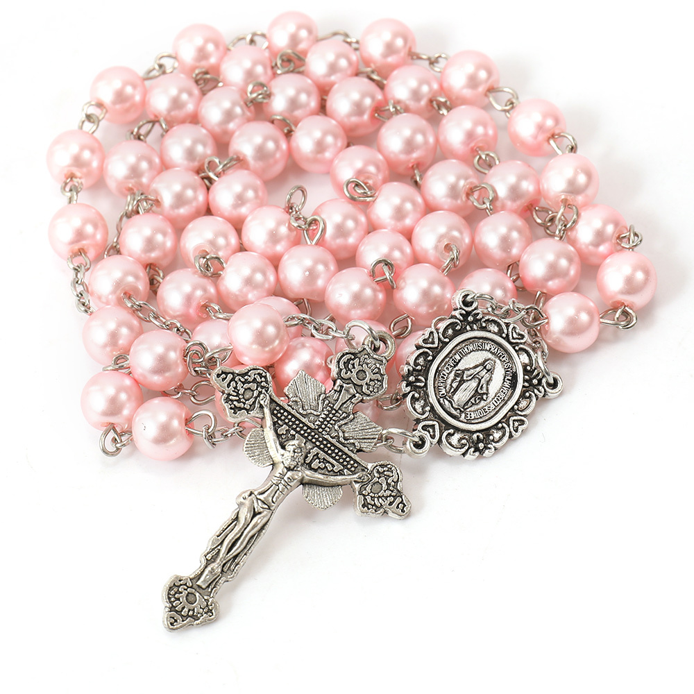 Collier Chapelet Perles Verre Rose - Rosaire Prière Catholique Avec Sac Velours
