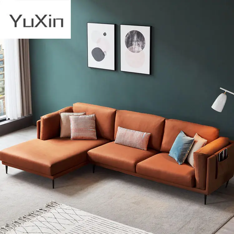 Hitam Gelap Warna Kayu Kain Berbentuk L Sofa Sudut untuk Ruang Tamu
