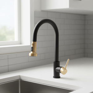 Robinet de cuisine noir mat et or brossé, mitigeur double poignée avec douchette extractible, cartouche céramique, montage sur comptoir, style contemporain - Product Image 2