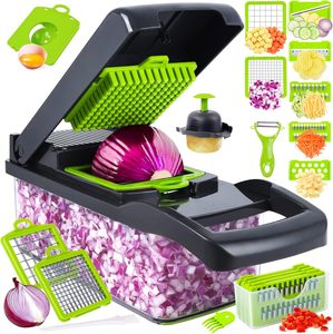 Wholesale 16-Piece Manual Green Eco-Friendly Stainless Steel Blade ABS Multifunction <b>Vegetable</b> & Onion <b>Chopper</b> - Product Image 1