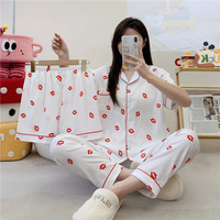 Conjunto de Pijama de Verano para Mujer, Tela de Algodón Suave, Transpirable, con Estampado de Puntos, Cuello Camisero, Pantalones Cortos de Tres Piezas, Ropa para el Hogar