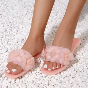 2024 Summer New PVC Jelly Shoes Flower Decorative Beach Shoes Non-slip Waterproof Outdoor Flat Slippers