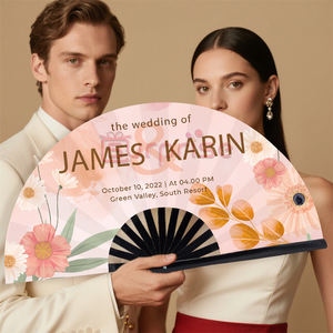 Ventilador de mano de tela de bambú con estampado de seda blanca para <span class=keywords><strong>novia</strong></span>, fiesta de boda, con mango de bambú barato, técnica pintada - Product Image 2