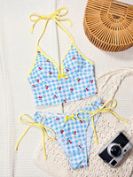 Gingham-kersenprint halter crop bikiniset met gele contrastbies
