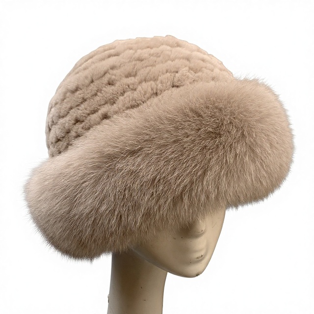 High Quality Knitted Fox Fur Winter Hats Real Rabbit Fur Bucket Hat for Women