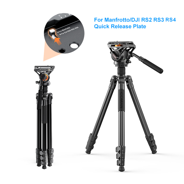 COMAN Professional Adjustable Dslr Camera Tripod Monopod Aluminium Video Tripod for Manfrotto DJI RS2 RS3 RS4Quick Release Plate