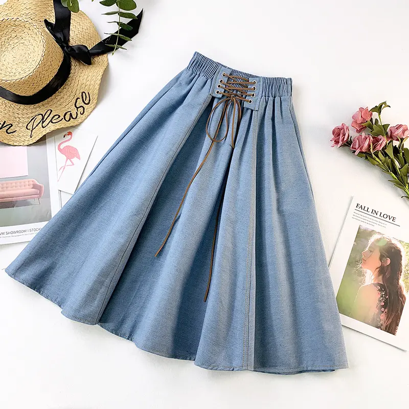 2022 Women Lady A-line Denim Midi Skirt Jeans Dress New Fashion Loose String Elastic Waist Solid Color Daily Wear Casual Skirt