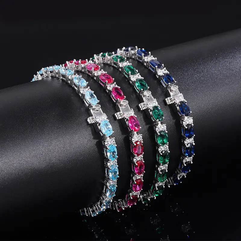 Gelang wanita mewah 925 perak Sterling Aquamarine Ruby kristal batu permata Tenis gelang Femme kustom perhiasan