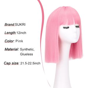 Parrucca Bob Rosa SUKRI Senza Pizzo con Frangia Corta Liscia 12 Pollici Leggera Resistente al Calore in Fibra ad Alta Temperatura dall'Aspetto Naturale per Uso Quotidiano - Product Image 6