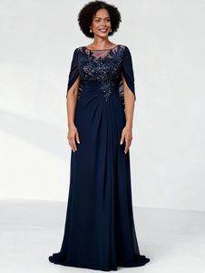 فساتين أم العروس من الشيفون المزين بالترتر باللون الأزرق البحري مع عباءة، تصميم A-Line بمقاسات كبيرة وطول يصل إلى الأرض - Product Image 2