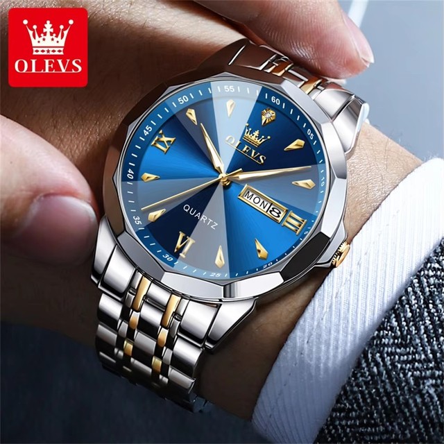 OLEVS 9998 Original Quartz Movement Life Waterproof Wristwatch Men's Luminous Dual Calendar Display Stainless Steel Strap Watch