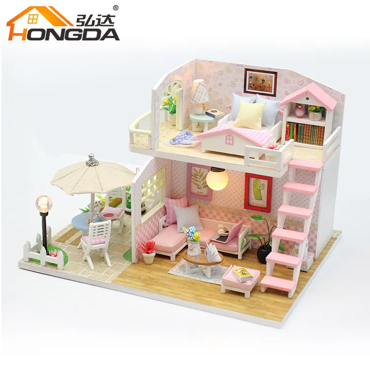 Hongda 3d maison de poupée en bois 1:24 kit de maisons de poupée miniatures bricolage pour les filles