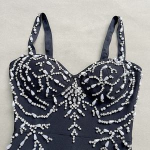 OUDINA nuovi arrivi abito nero senza maniche con strass con strass e fasciatura aderente per feste da donna abiti lunghi da sera eleganti - Product Image 5