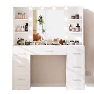 Coiffeuse blanche avec 7 tiroirs de rangement et miroir éclairé pour salon de beauté et studio, meuble en panneau MDF - Product Image 3
