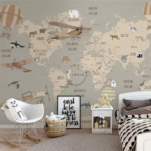 Niños mapa pared mural globo de aire caliente animales papel pintado impermeable