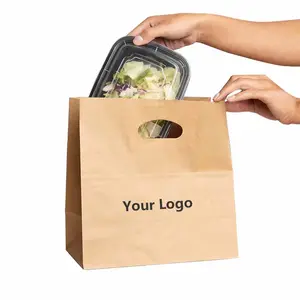 Tas jinjing Die Cut kustom pabrik tas layanan makanan tas kertas Kraft daur ulang ramah lingkungan untuk kemasan Restoran