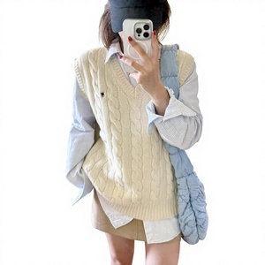 Canotta Classica RL Ricamata in <span class=keywords><strong>Cotone</strong></span> e Acrilico, Canotta Casual Senza Maniche con Scollo a V in Maglia Intrecciata, Gilet in <span class=keywords><strong>Lana</strong></span> da Donna - Product Image 1