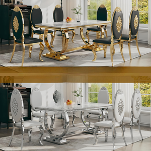 Ensemble de table à manger en acier inoxydable argenté pour 6 personnes, table à manger moderne avec plateau en marbre blanc et chaises argentées, utilisation à domicile ou à l'hôtel - Product Image 4