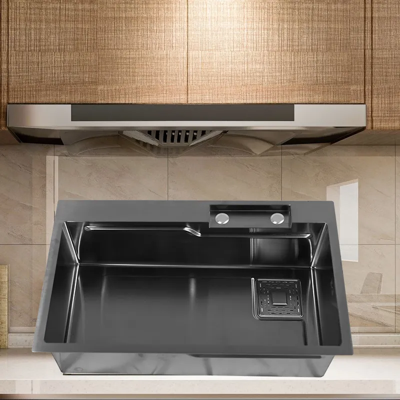 Schwarze Farbe Küchen spüle Multifunktions-Küchen spüle mit Wasserfall Wasserhahn Küchen schränke & Zubehör