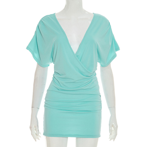 Viviblook C26DS098 Women Summer Dress New Sexy V-Neck Solid Color Short Sleeve <b>Mini</b> Bodycon Dress - Product Image 1