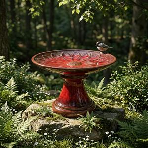 Baño para Pájaros de Cerámica Esmaltada Roja con Diseño Floral, Baño para Pájaros Moderno con Pedestal de Cerámica Esmaltada - Product Image 1