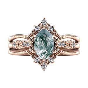 Joyería fina, anillo de circonita cúbica chapado en oro rosa de plata de ley 925, corona hexagonal geométrica, anillo de ágata musgo - Product Image 6