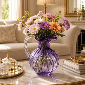Vase en verre soufflé à la main avec poignée, carafe décorative pour fleurs, pour la table à manger et la décoration du salon - Product Image 2