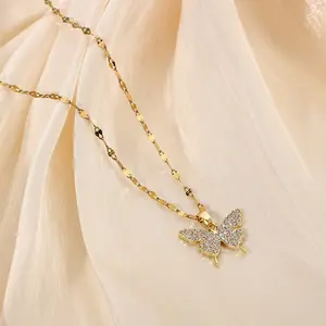 Colar chocker com pingente de borboleta, corrente banhada a ouro 18k cheio de aço inoxidável colar chocker