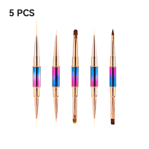 Lot de 5 pinceaux à ongles à manche métallique dégradé, double tête ovale, poils en nylon doux pour la conception d'ongles haut de gamme en salon - Product Image 2