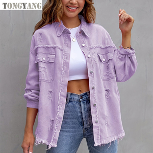 TONGYANG 2024 tendencia primavera otoño recién llegados Jeans abrigo moda rasgado Jeans <span class=keywords><strong>chaqueta</strong></span> de manga larga Casual vaquero chaquetas de mujer - Product Image 2