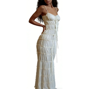 Abito lungo da donna color crema con balze a strati - <span class=keywords><strong>Vestito</strong></span> da sera <span class=keywords><strong>in</strong></span> chiffon con spalline sottili e dettaglio fiocco - Abiti da donna Sehe Fashion - Product Image 4