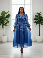 Robe longue en mousseline de soie à fleurs, coupe trapèze, 100% polyester, col en V, manches lanternes, élégante pour les soirées et occasions spéciales, 135 cm
