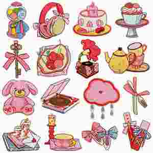 Iron on Embroidered Cartoon <b>Pink</b> Girl Series Cute <b>Bear</b> Candle Headset Cherry Hairclip Patch Garment Accessories - Product Image 1