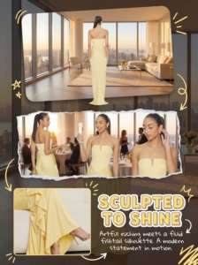 Robe de soirée sirène froncée sans bretelles, étiquette privée OEM, jaune pâle, longue, formelle, pour invitée de mariage, bal de promo, personnalisable - Product Image 5