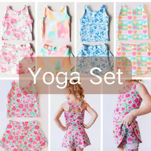 Grosir pakaian atletik anak perempuan motif bunga gaun 2in1 latihan Yoga Fitness remaja pakaian atletik untuk anak-anak