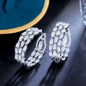 Amazing White Pear Cut Shape Cubic Zirconia Crystal Silver Plated 3 Layer Circle Hoop Earrings for Women Wedding Bridal Jewelry