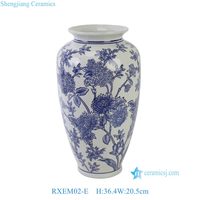 RXEM02-E  Jarre en céramique à motif de fleurs et de feuilles bleues et blanches, jarre décorative chinoise antique
