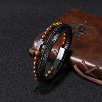 Bracelet en cuir tressé multicouche pour homme avec croix en œil de tigre naturel, fermoir magnétique, bijoux de mode en gros