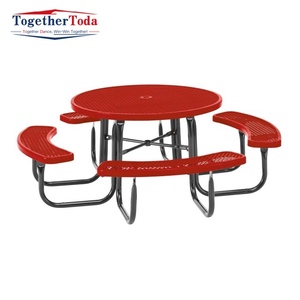 Table de pique-nique commerciale en acier pour parc extérieur avec banc, table de pique-nique ronde en métal pour terrasse extérieure, café, jardin - Product Image 3