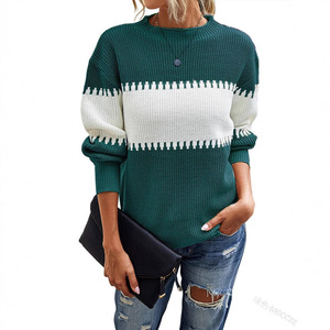 Women's Korean version color <b>block</b> pullover striped sweater with regular sleeves, winter fashion knitted and woven - Product Image 4