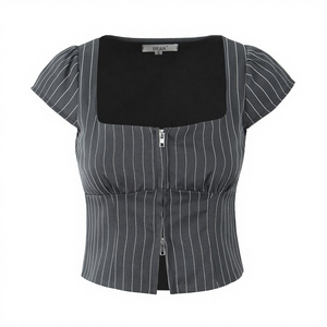 JIFAN Blusa de manga corta con cuello cuadrado a rayas para mujer, con cremallera frontal, ajuste elástico, longitud corta, ropa de oficina - Product Image 4