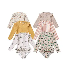 Ins pakaian renang bayi perempuan, baju renang satu potong motif bunga lipit tahan UV untuk anak perempuan