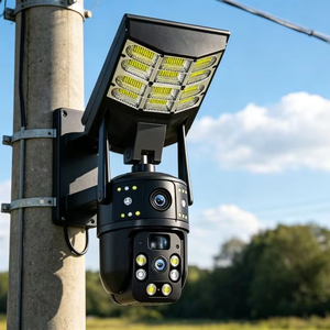 Caméra de surveillance solaire extérieure 4G avec éclairage public, batterie 20000 mAh, 3 modes d'éclairage, détecteur de mouvement, télécommande, caméra IP à trois objectifs - Product Image 1